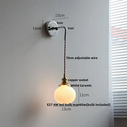 Antique brass ceramic led wall sconce with ribbed glass bedroom light