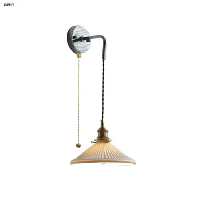 Antique brass ceramic led wall sconce with ribbed glass bedroom light