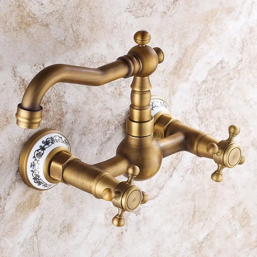Antique brass ceramic wall mount faucet kitchen vintage porcelain