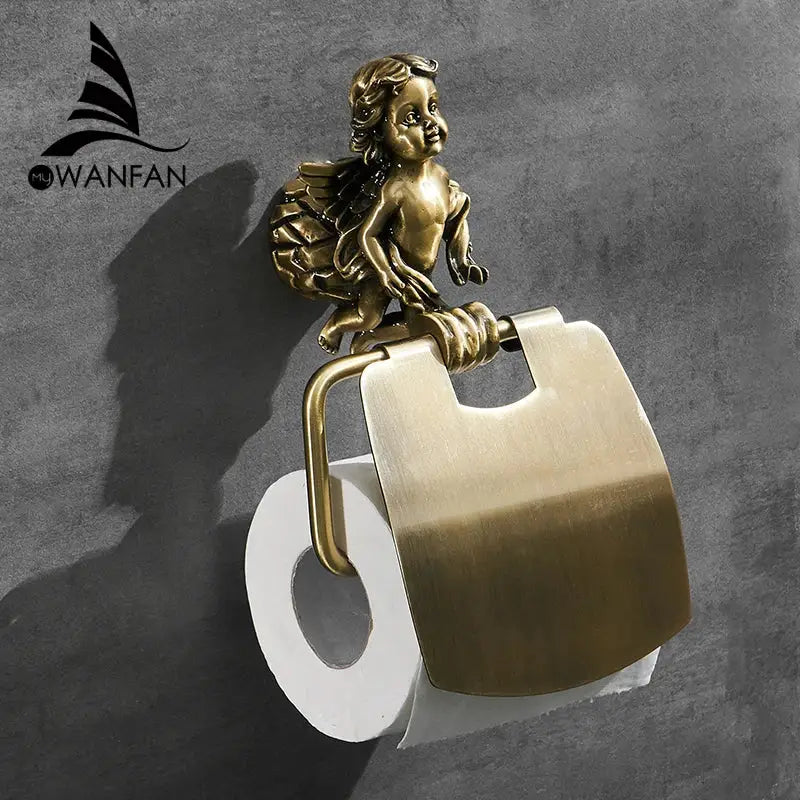Antique brass classic angel gold toilet paper holder bathroom cherub