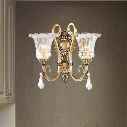 Antique brass crystal drop wall sconce bedroom led light