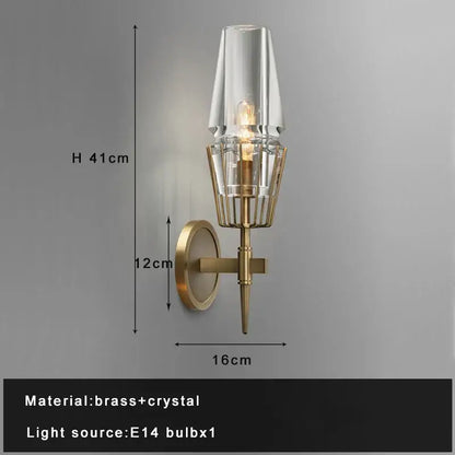 Antique brass crystal glass wall light for bedroom and bath