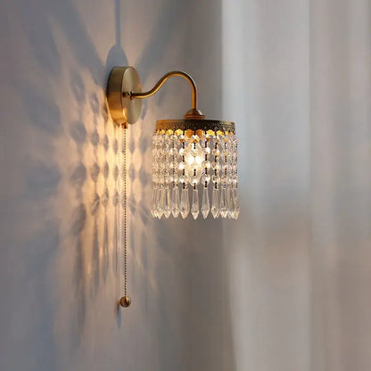 Antique brass crystal led wall sconce bedroom pull chain light