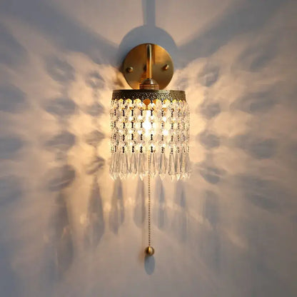 Antique brass crystal led wall sconce bedroom pull chain light