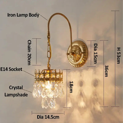 Antique brass crystal wall lamp bedroom luxury sconce