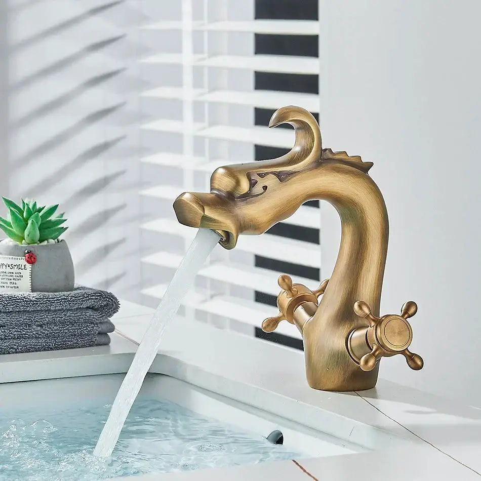 Antique brass dragon style bathroom basin faucet mixer tap