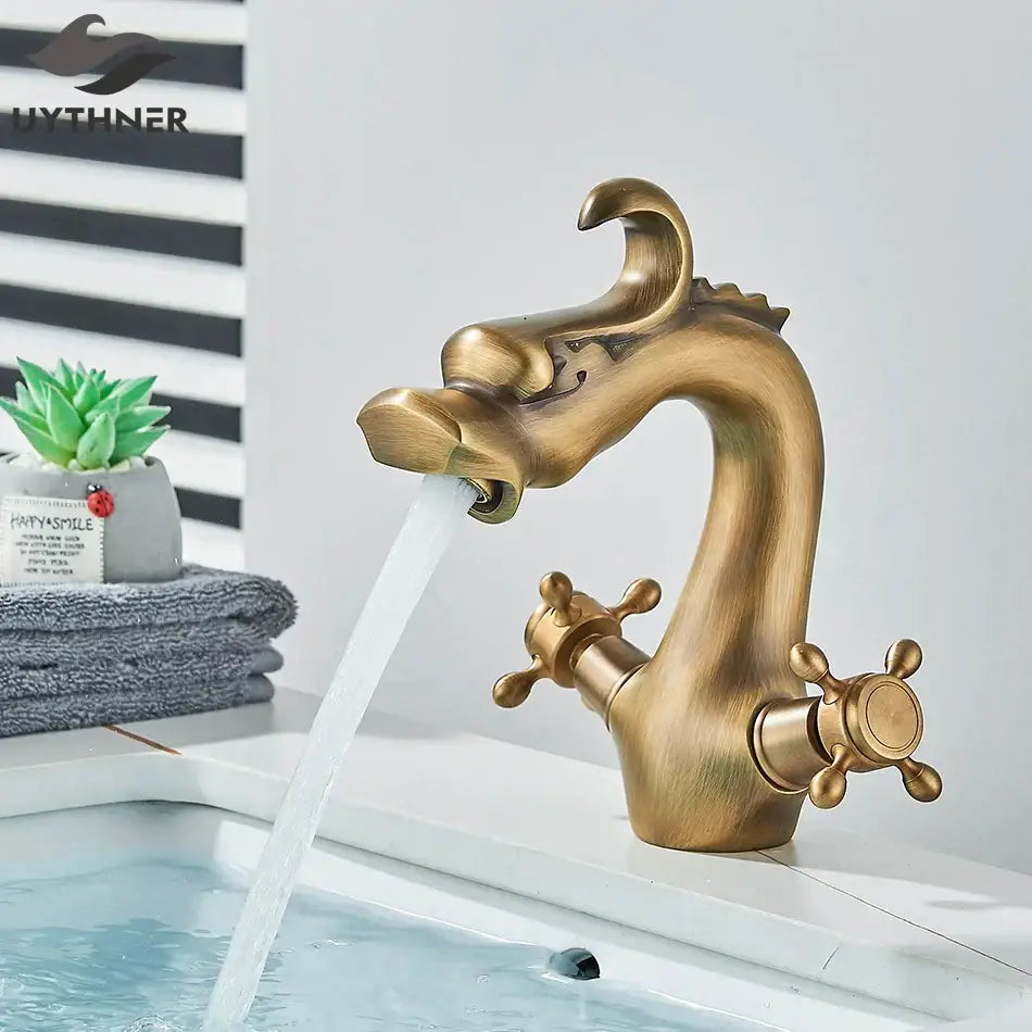 Antique brass dragon style bathroom basin faucet mixer tap