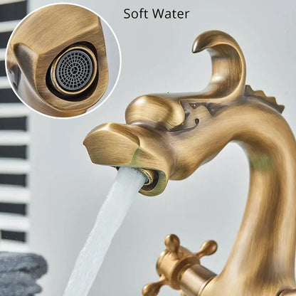 Antique brass dragon style bathroom basin faucet mixer tap