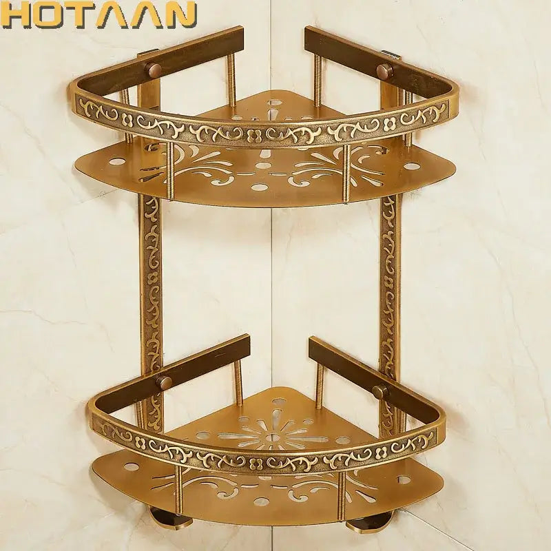 Antique brass double layer corner shelf bathroom ornate storage rack