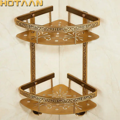 Antique brass double layer corner shelf bathroom ornate storage rack