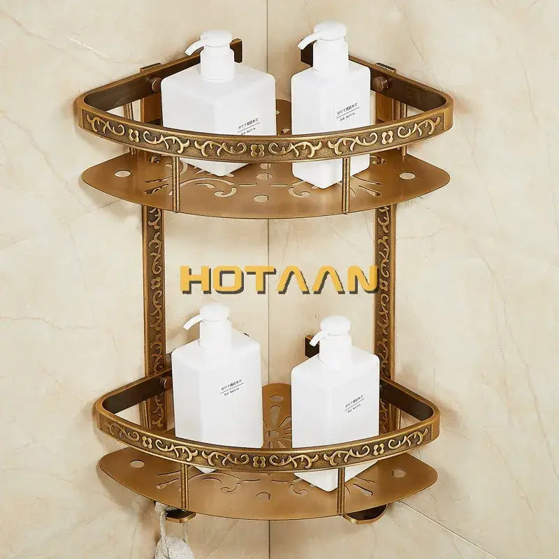 Antique brass double layer corner shelf bathroom ornate storage rack