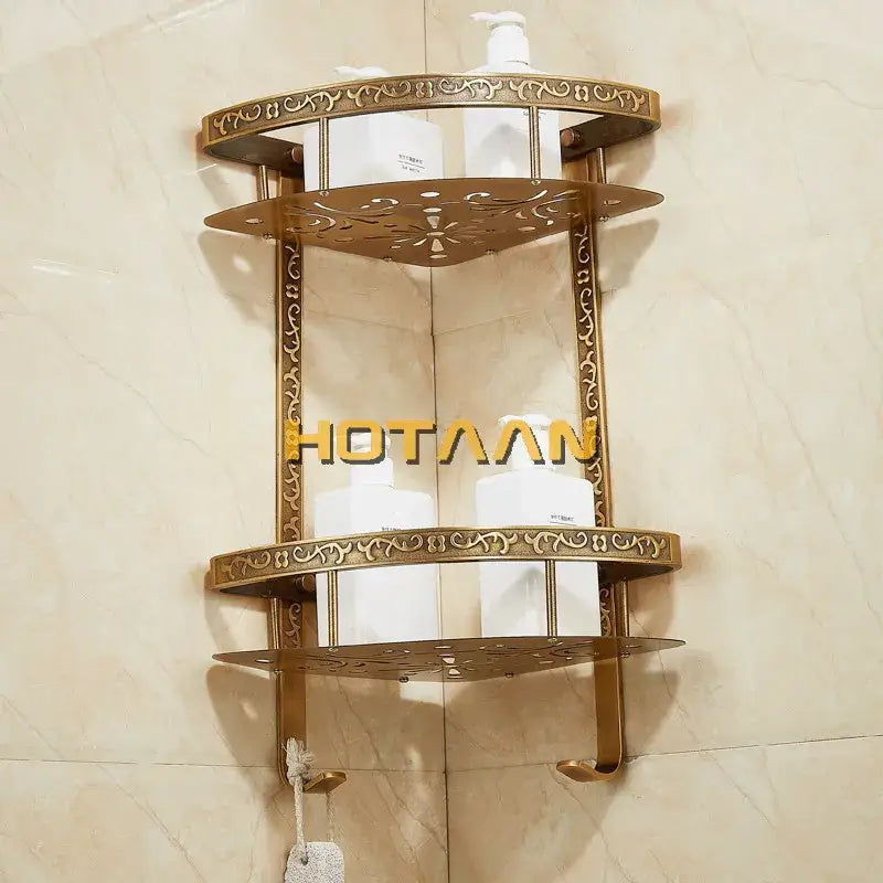 Antique brass double layer corner shelf bathroom ornate storage rack