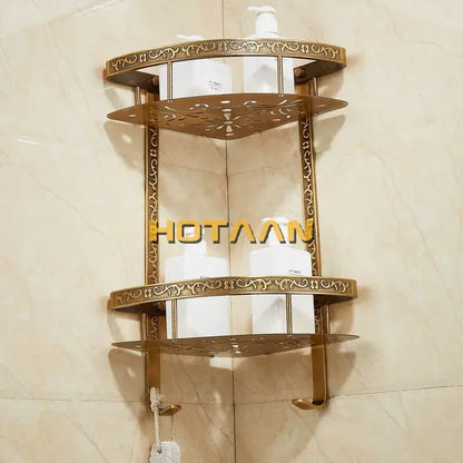 Antique brass double layer corner shelf bathroom ornate storage rack