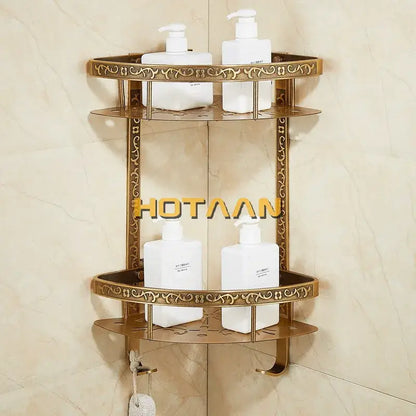 Antique brass double layer corner shelf bathroom ornate storage rack