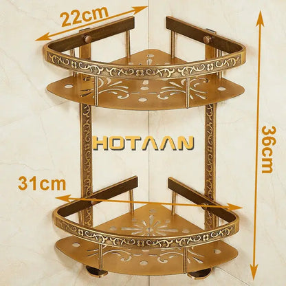 Antique brass double layer corner shelf bathroom ornate storage rack