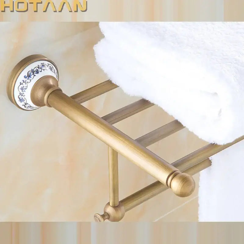Antique brass double tier towel rack bathroom ceramic towel holder