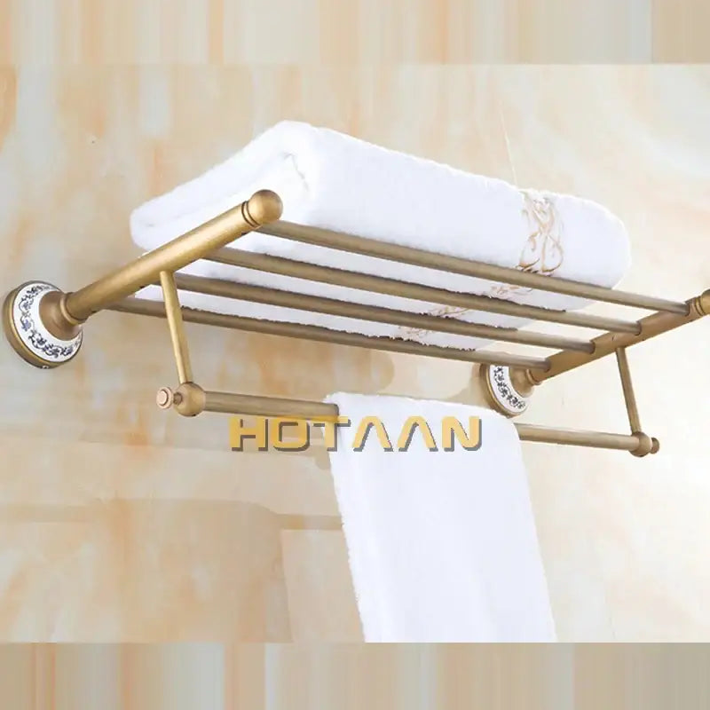 Antique brass double tier towel rack bathroom ceramic towel holder