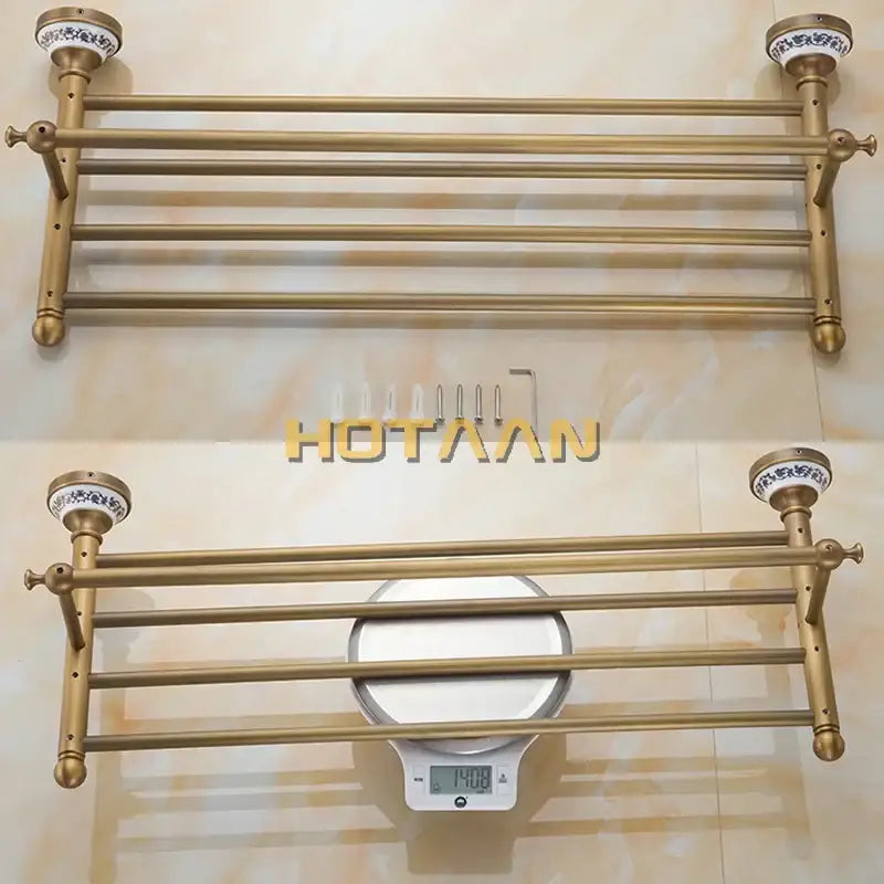 Antique brass double tier towel rack bathroom ceramic towel holder