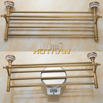 Antique brass double tier towel rack bathroom ceramic towel holder