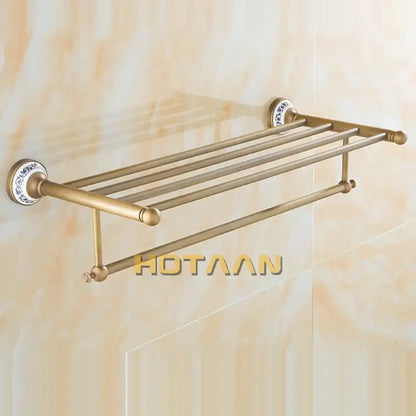 Antique brass double tier towel rack bathroom ceramic towel holder