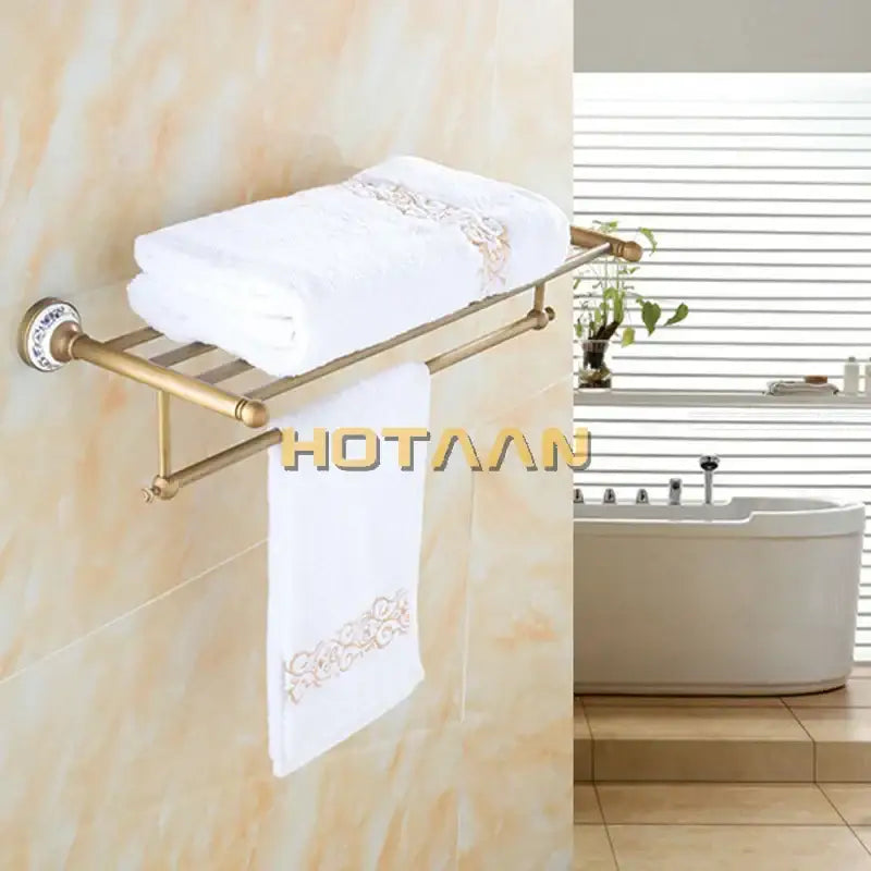Antique brass double tier towel rack bathroom ceramic towel holder