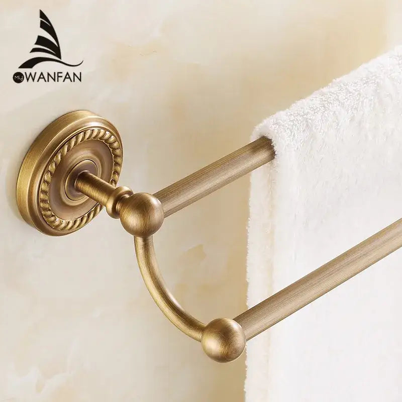 Antique brass double towel bar bathroom rack with ornate base