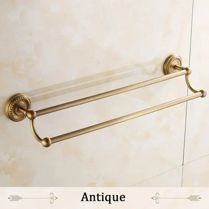 Antique brass double towel bar bathroom rack with ornate base