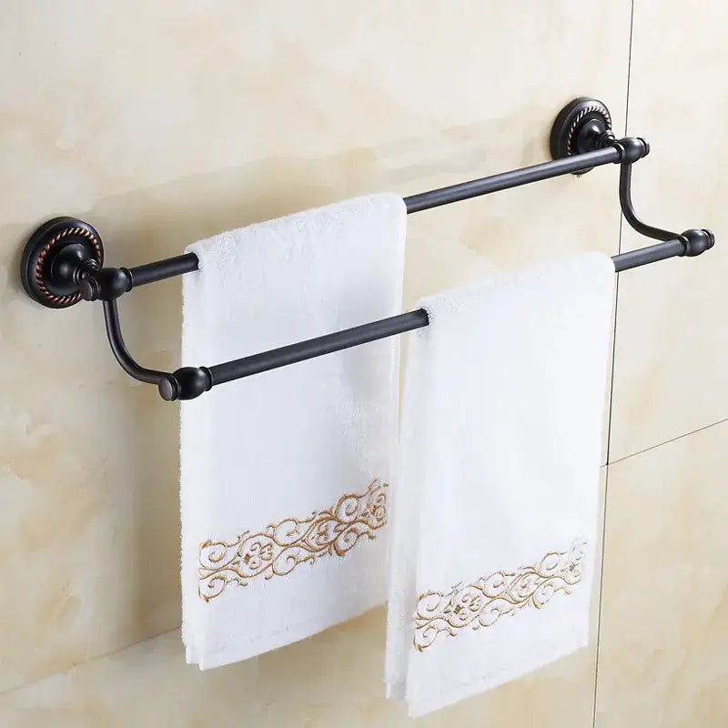 Antique brass double towel bar bathroom rack with ornate base