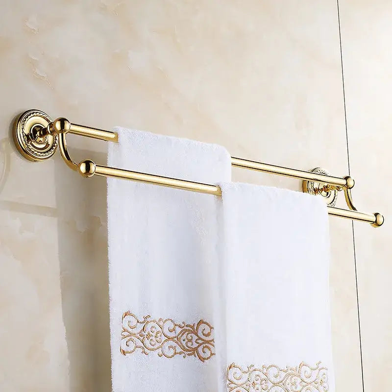 Antique brass double towel bar bathroom rack with ornate base