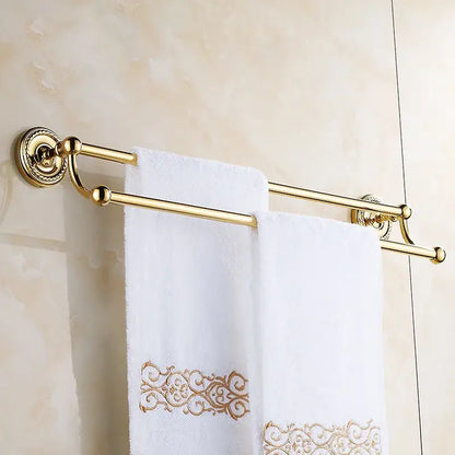Antique brass double towel bar bathroom rack with ornate base