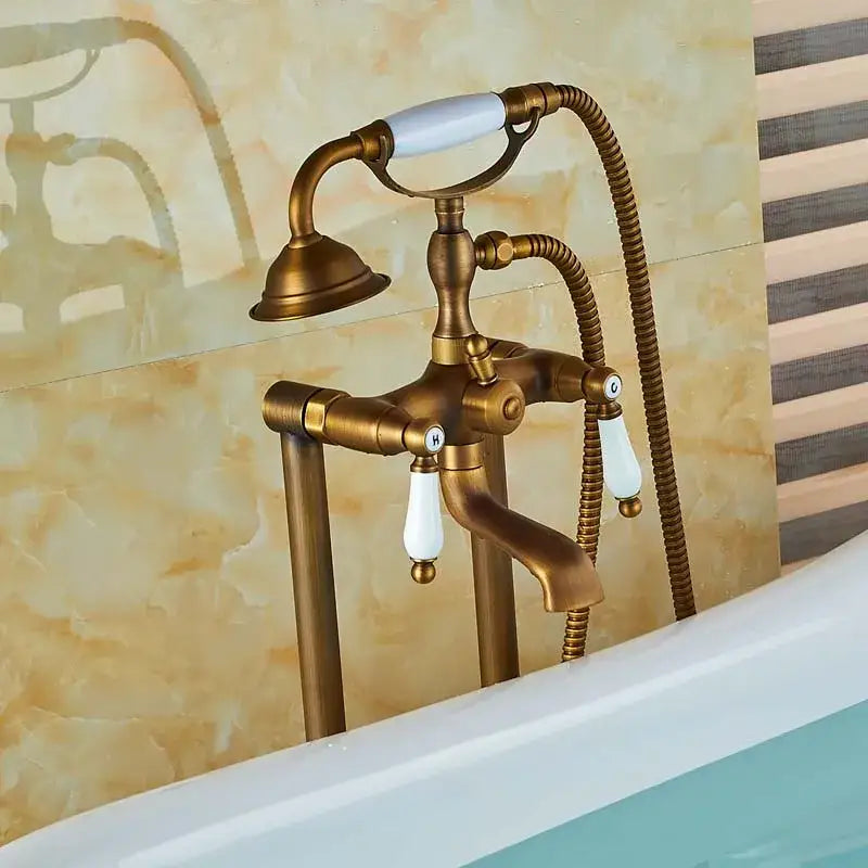 Antique brass dual ceramic handle freestanding tub faucet bathroom