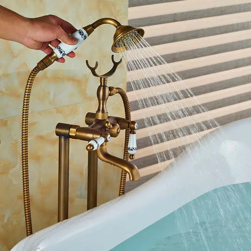 Antique brass dual ceramic handle freestanding tub faucet bathroom