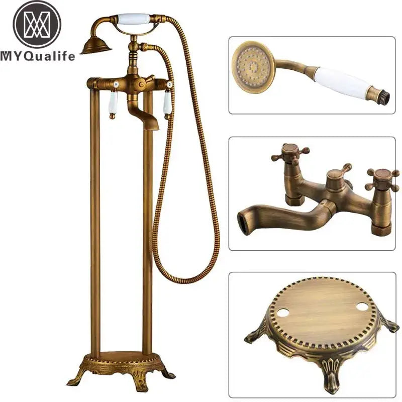 Antique brass dual ceramic handle freestanding tub faucet bathroom
