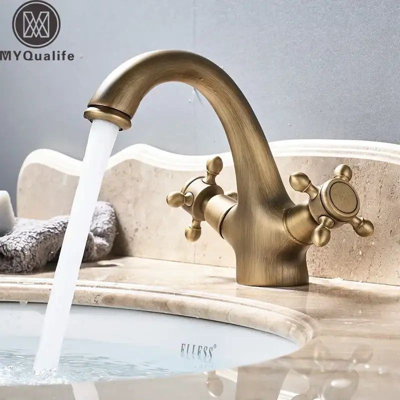 Antique brass dual handle basin faucet bathroom vanity sink
