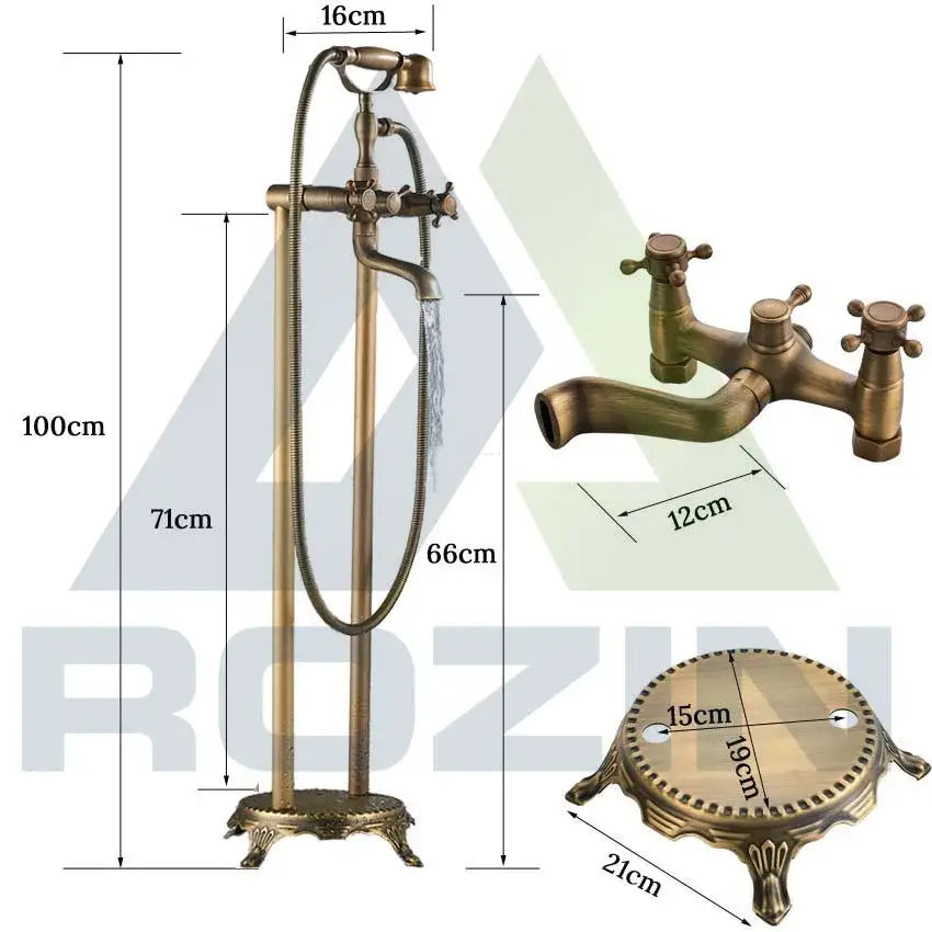 Antique brass dual handle floor mount bath set with handshower bathroom