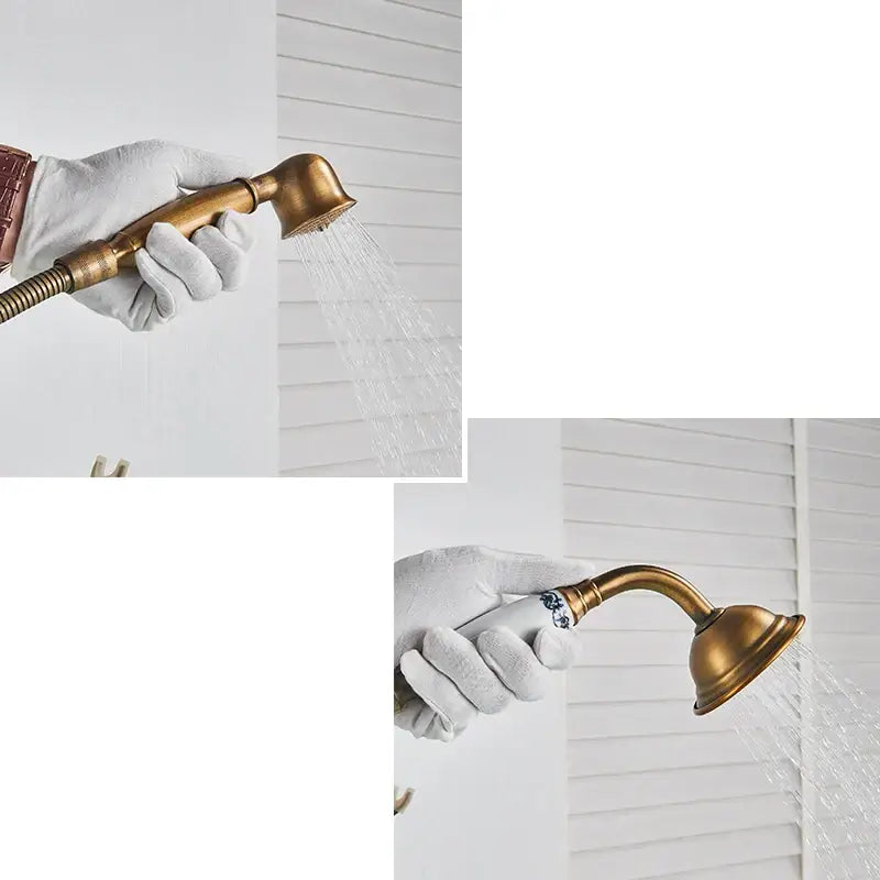 Antique brass dual handle floor mount bath set with handshower bathroom
