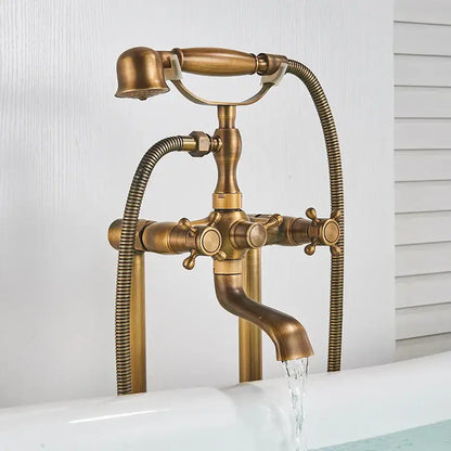 Antique brass dual handle floor mount bath set with handshower bathroom