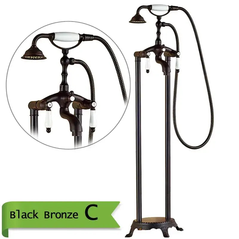 Antique brass dual handle floor mount bath set with handshower bathroom