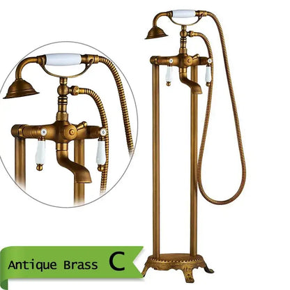 Antique brass dual handle floor mount bath set with handshower bathroom