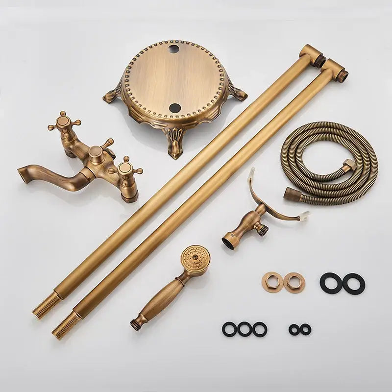 Antique brass dual handle floor mount bath set with handshower bathroom
