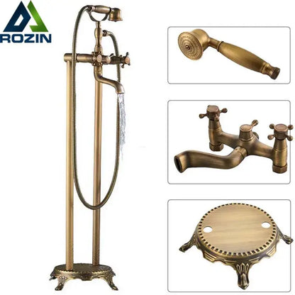 Antique brass dual handle floor mount bath set with handshower bathroom