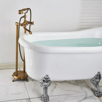 Antique brass dual handle floor mount bath set with handshower bathroom