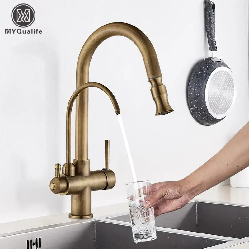 Antique brass dual handle kitchen faucet with pull out spray head