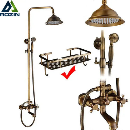 Antique brass dual handle shower faucet set with shelf bathroom
