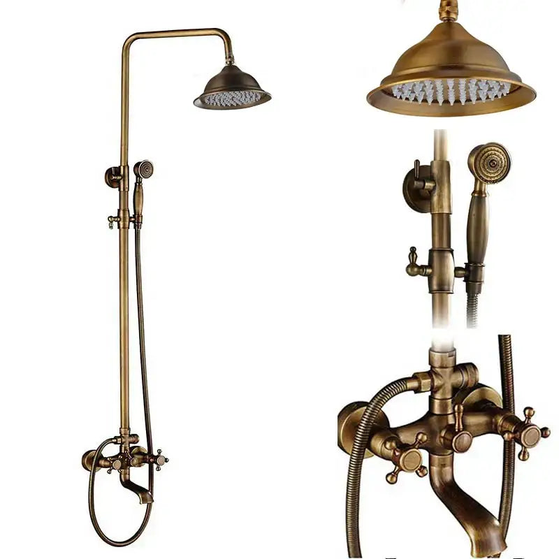 Antique brass dual handle shower faucet set with shelf bathroom