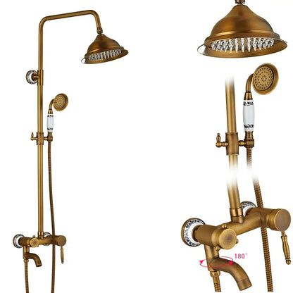 Antique brass dual handle shower faucet set with shelf bathroom