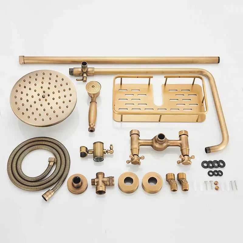 Antique brass dual handle shower faucet set with shelf bathroom