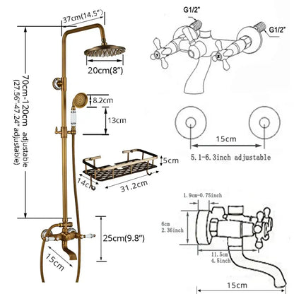 Antique brass dual handle shower faucet set with shelf bathroom