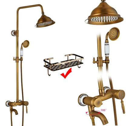 Antique brass dual handle shower faucet set with shelf bathroom