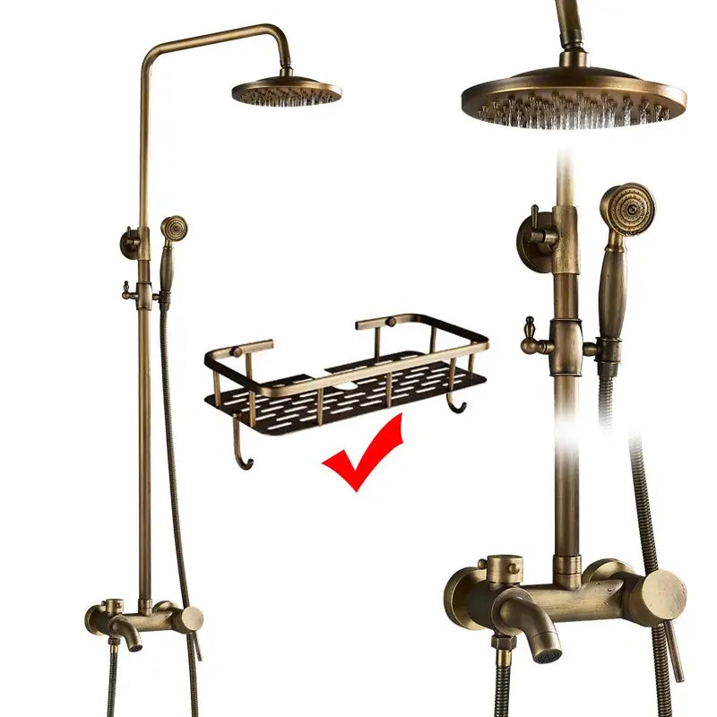 Antique brass dual handle shower faucet set with shelf bathroom